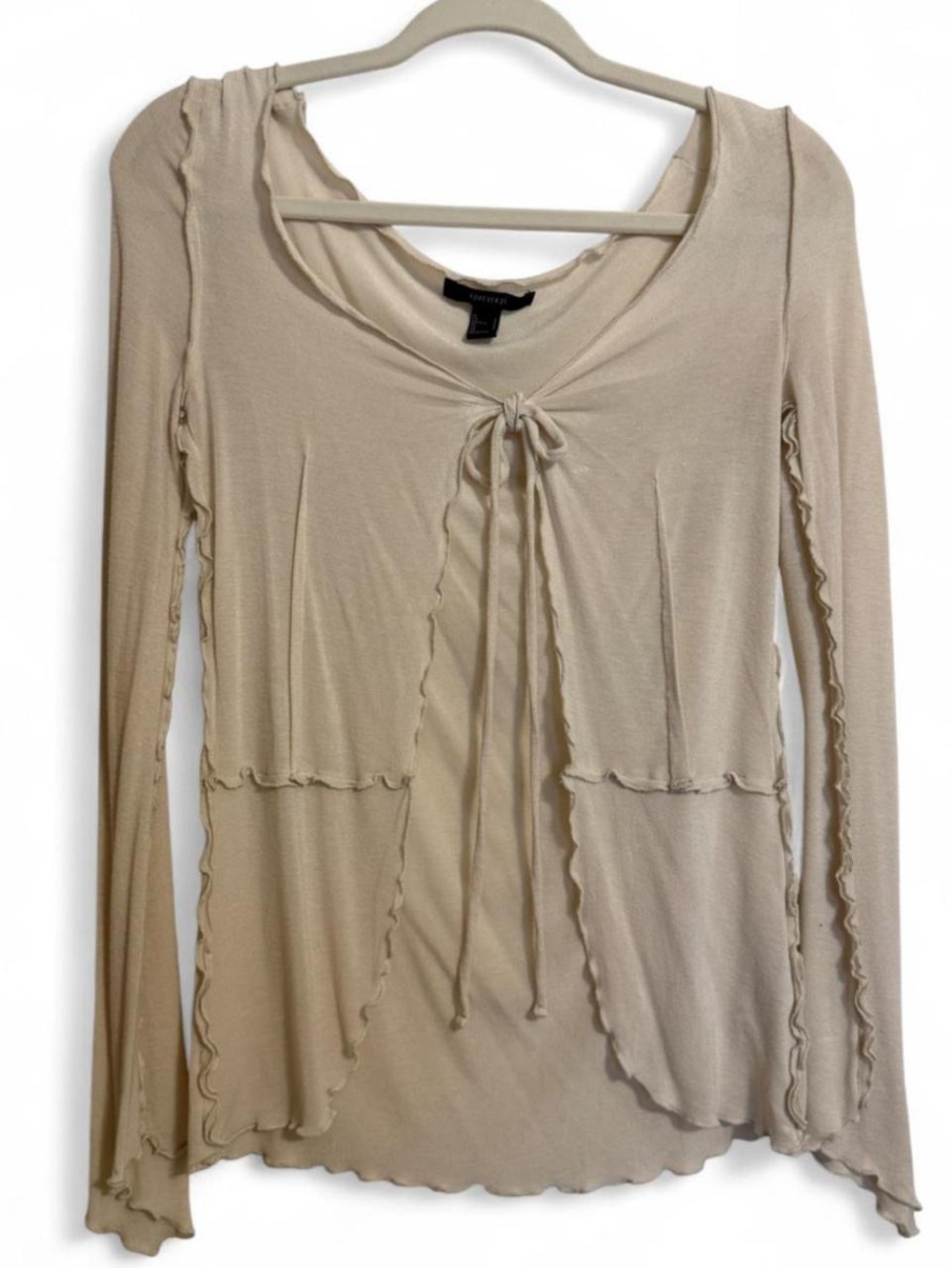 Forever 21 Fairycore Tie Front Lettuce Trim Long Sleeve Top Size S Cream Grunge - Picture 2 of 3